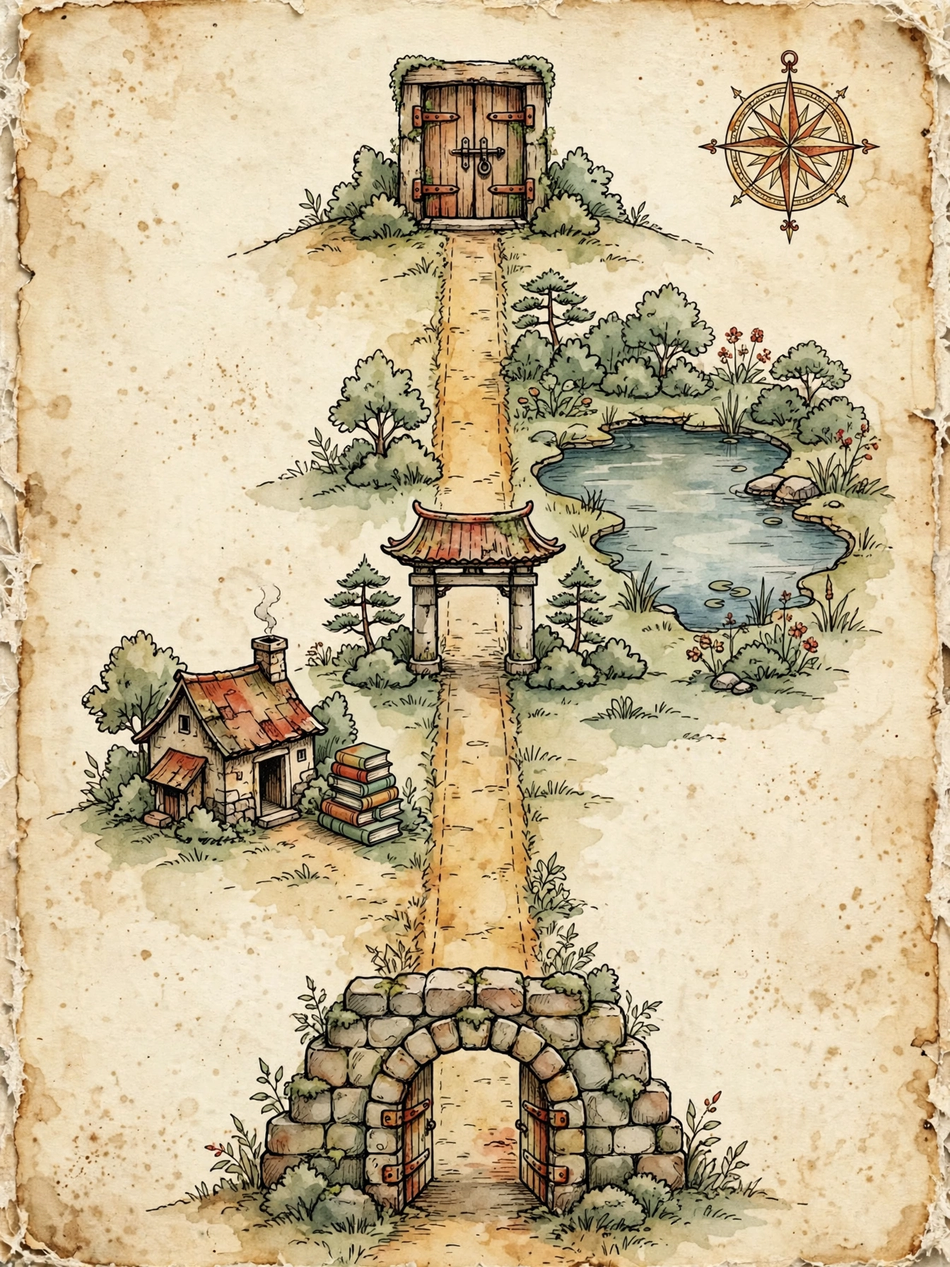 A hand-drawn map on aged parchment: a stone gate at the bottom, one straight path up the middle past a cottage stacked with books, a temple gate, and a garden beside a lake, ending at a single closed door with an iron lock.